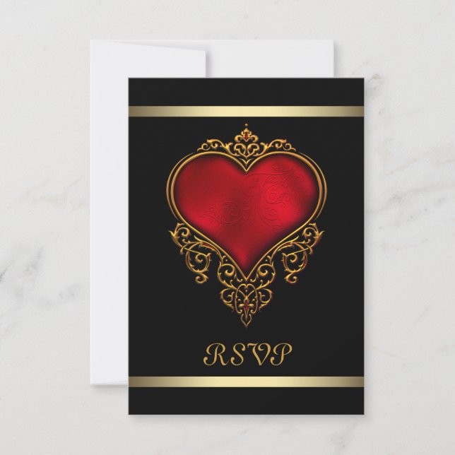 Cartons Réponse Mariage Cœur Noir Rouge (Devant)
