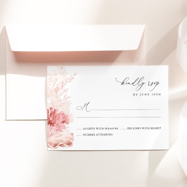 Cartons Réponse Mariage Coquillages de la Côte de Blush (Coastal blush Seashell Wedding RSVP Card Beach Wedding Stationery, Elegant Destination Respond Card)