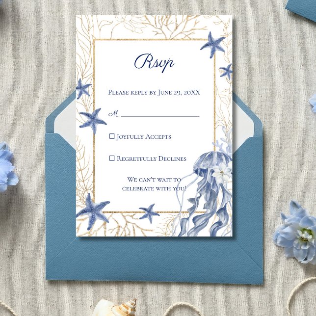 Cartons Réponse Mariage Côte Navy Blue Or (Coastal Wedding RSVP Enclosure Card)
