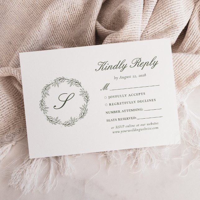 Cartons Réponse Mariage Couronne de Monogramme Vert Olive (Créateur téléchargé)