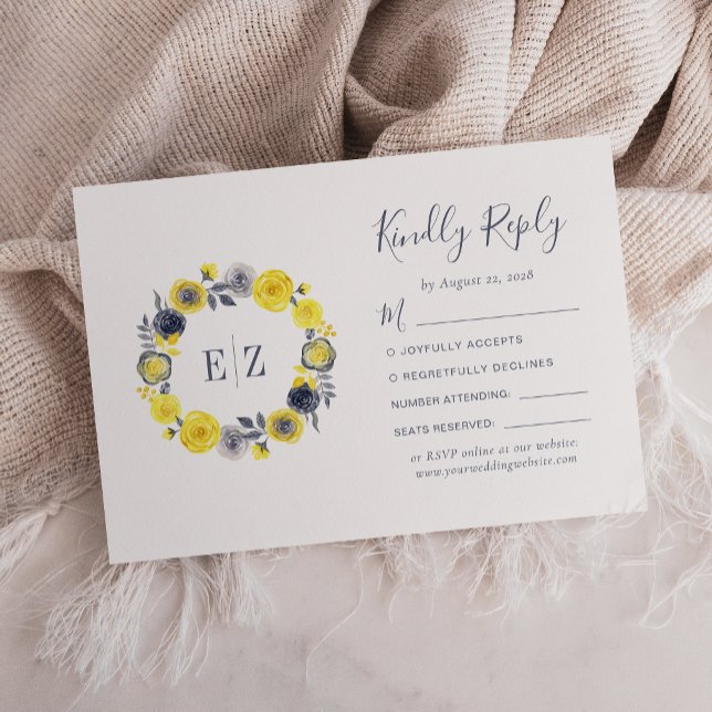 Cartons Réponse Mariage Couronne Florale Jaune Gris Monogramme (Créateur téléchargé)