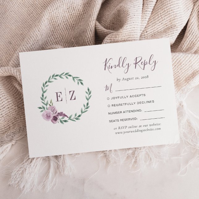 Cartons Réponse Mariage Couronne Florale Violet Vert Monogramme (Créateur téléchargé)
