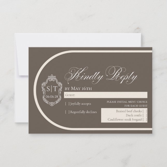 Cartons Réponse Mariage Crème et Mocha au Monogramme de Blason (Devant)
