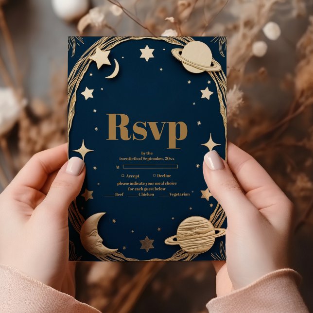 Cartons Réponse Mariage Croissant de Lune Or de la Marine Céleste (Créateur téléchargé)