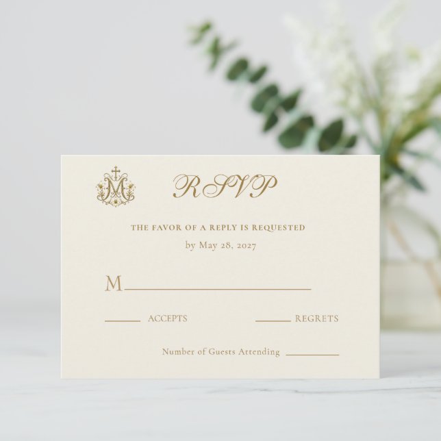 Cartons Réponse Mariage Croix Mariale Catholique en Or (Debout devant)