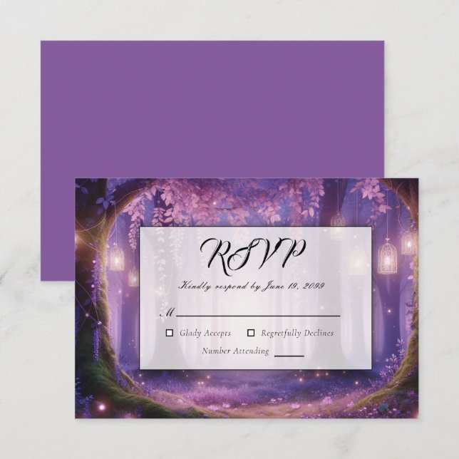 Cartons Réponse Mariage dans la Forêt Enchantée de Violet à Minuit (Devant / Derrière)