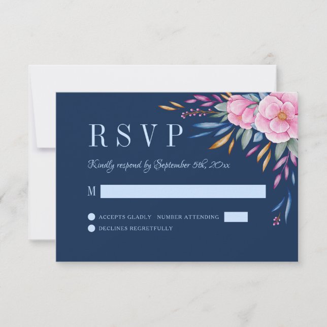 Cartons Réponse Mariage d'aquarelle florale bleu marine (Devant)