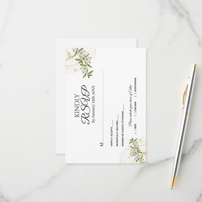 Cartons Réponse Mariage d'aquarelle moderne blanc et vert (Devant/Arrière en situation)