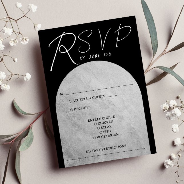 Cartons Réponse Mariage d'arc de tête gothique noir et gris (Black & Grey Dark Gothic Headstone Arch Wedding RSVP Card)