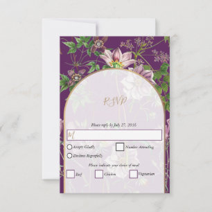 Cartons Réponse Mariage d'arc doré fleuri violet