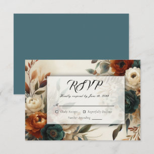 Cartons Réponse Mariage d'automne aux fleurs orange brûlé et bleue