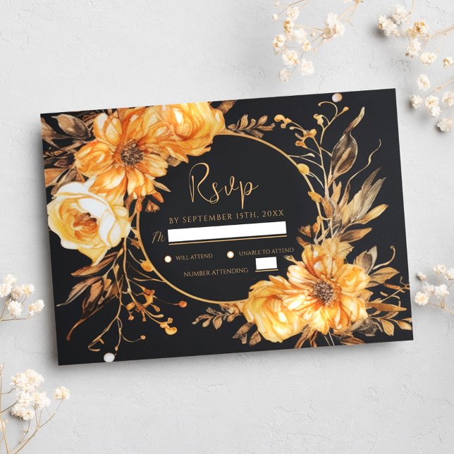 Cartons Réponse Mariage d'automne élégant floral noir (Floral Elegant Black Fall Wedding RSVP Card)