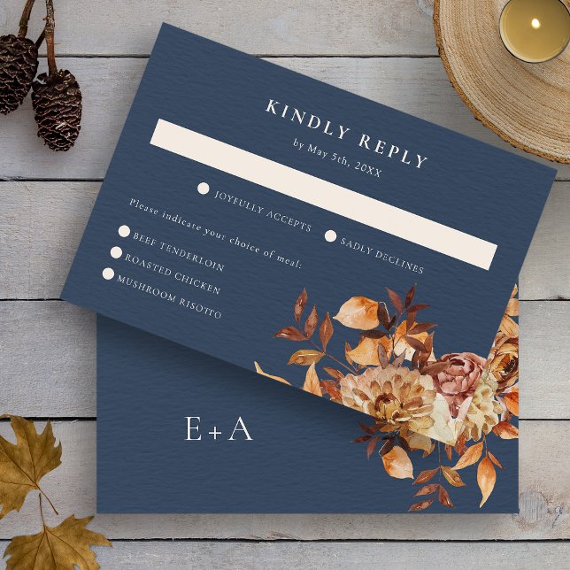 Cartons Réponse Mariage d'automne en bleu marine (Watercolor Navy Blue Fall Wedding RSVP Card Monogram on Back by Painted Paperie
)