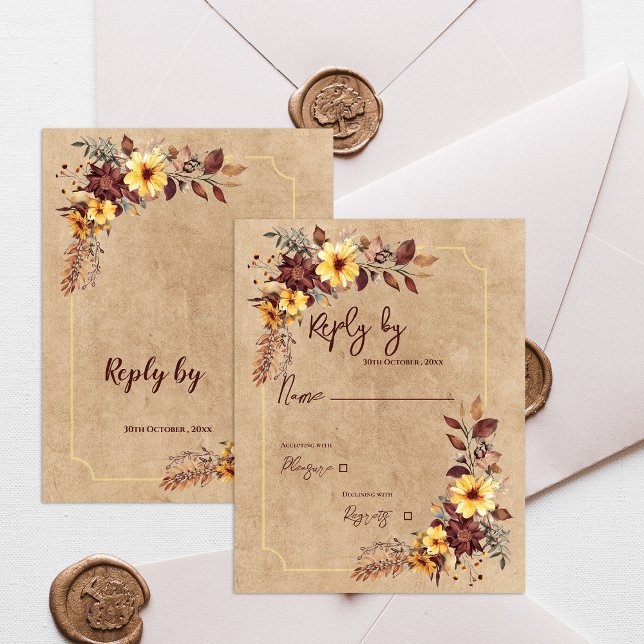 Cartons Réponse Mariage de automne d'automne jaune et bordeaux (Yellow & Burgundy Floral Autumn Fall Wedding RSVP Card)