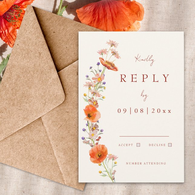 Cartons Réponse Mariage de automne Fleur sauvage Boho (Boho wildflower fall wedding invitation rsvp enclosure card)