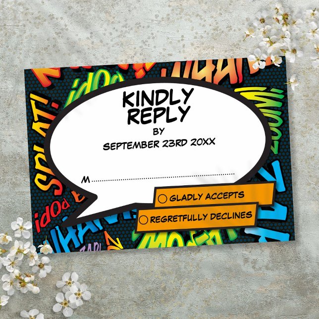 Cartons Réponse Mariage de bande dessinée typographique moderne (Modern Typographic Comic Book Wedding RSVP Card)