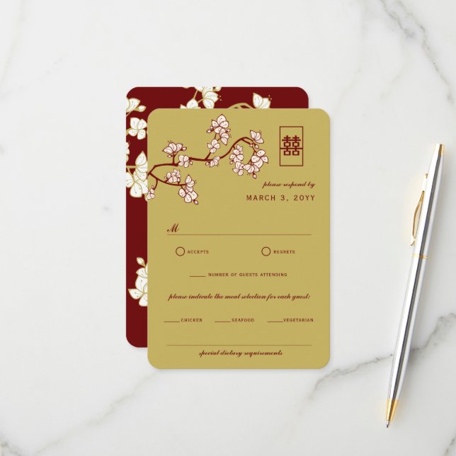 Cartons Réponse Mariage de bonheur double rouge à fleurs de prune (Devant/Arrière en situation)