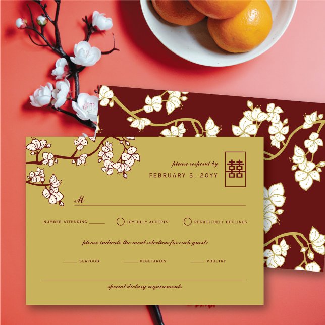 Cartons Réponse Mariage de bonheur double rouge à fleurs de prune (Peach/Plum Blossoms Red Double Happiness Wedding RSVP Card @ fatfatin_red_knot)