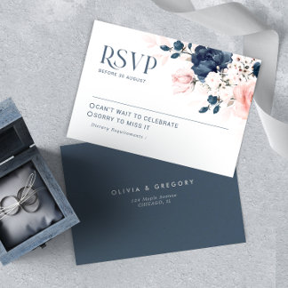 Cartons Réponse Mariage de bouquet floral bleu marine et rose vif