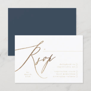 Cartons Réponse Mariage de calligraphie à huile bleu et or Marine