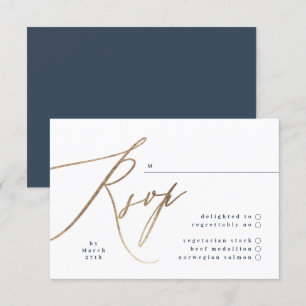 Cartons Réponse Mariage de calligraphie à huile bleu et or Marine