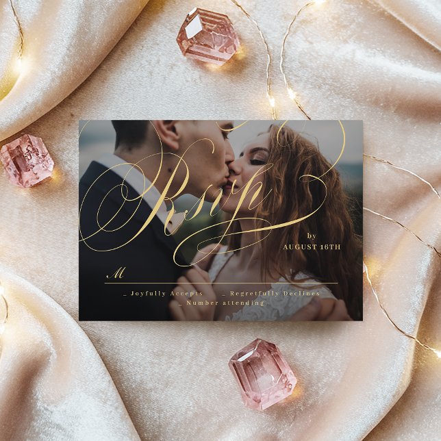 Cartons Réponse Mariage de calligraphie classique or (Gold elegant classic calligraphy photo wedding RSVP card)