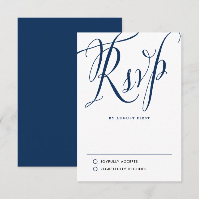 Cartons Réponse Mariage de calligraphie rustique bleu marine (Devant / Derrière)