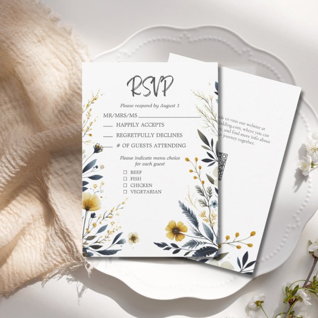 Cartons Réponse Mariage de code QR élégant Fleur sauvage jaune ble (Blue Yellow Wildflowers Elegant Wedding RSVP Response Card with QR Code for Wedding Website.)
