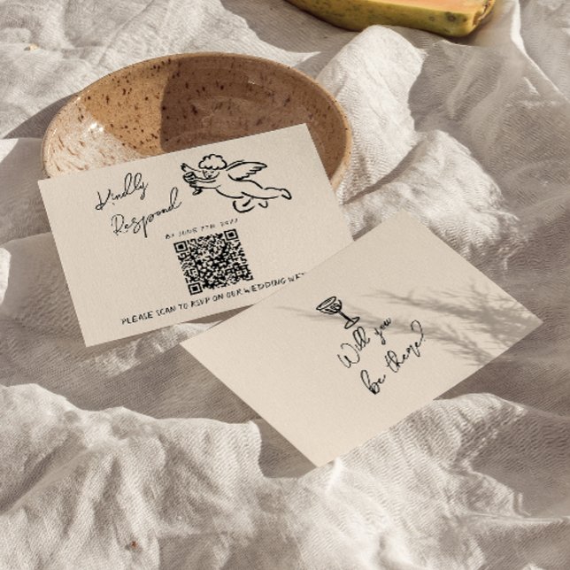 Cartons Réponse Mariage de code QR extrait à la main rétro (Créateur téléchargé)