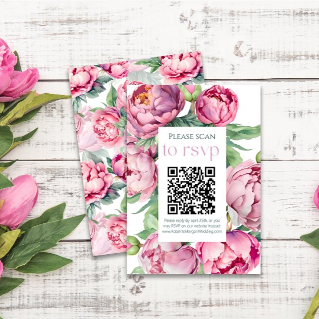 Cartons Réponse Mariage de CODE QR pour les pivoines roses (Créateur téléchargé)