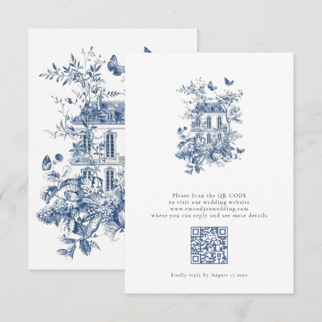 Cartons Réponse Mariage de code QR Rustique Blue Toile De Jouy (Devant / Derrière)