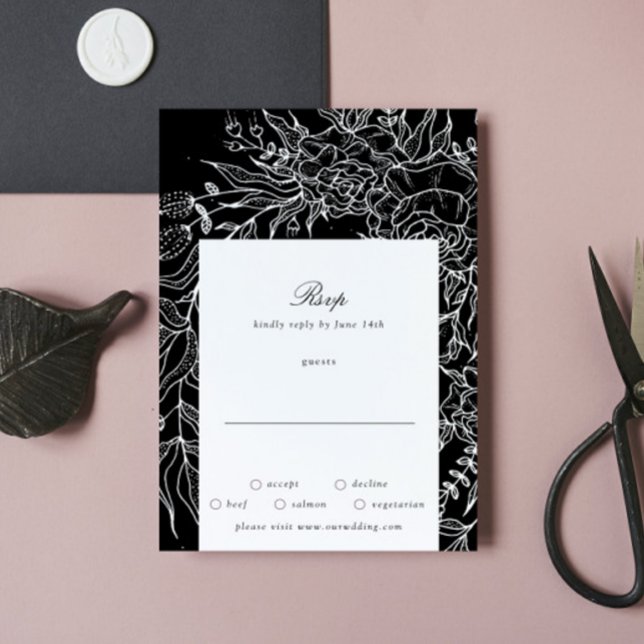 Cartons Réponse Mariage de couronne blanc à fleurs noires modifiab (Créateur téléchargé)