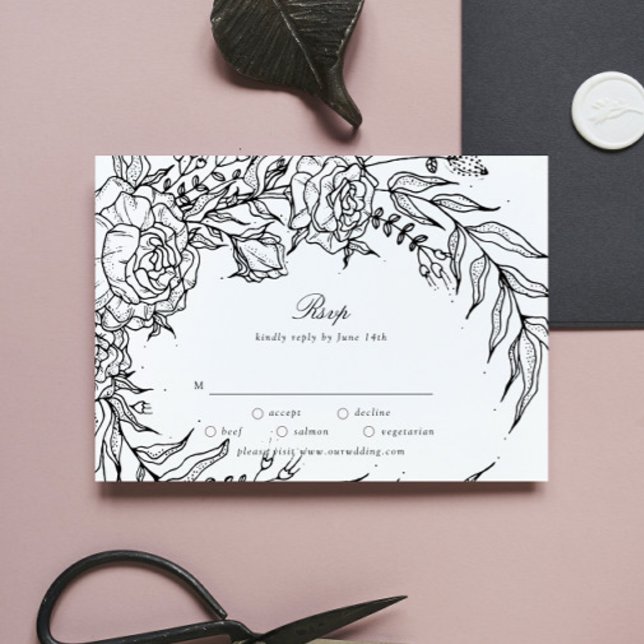 Cartons Réponse Mariage de couronne blanc à fleurs noires modifiab (Créateur téléchargé)