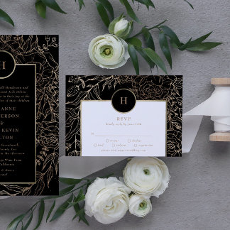 Cartons Réponse Mariage de couronne de monogramme d'or noir