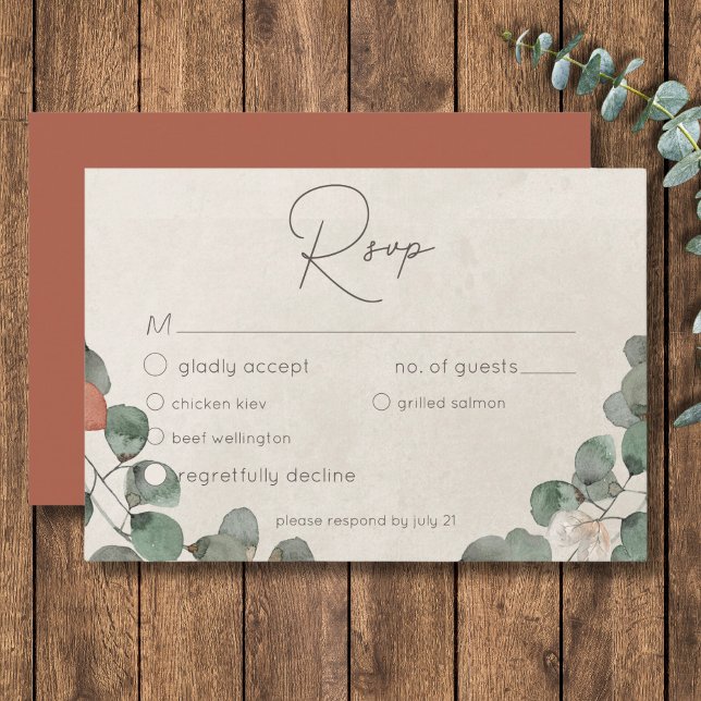 Cartons Réponse Mariage de courroie vert de rouille minimale (Minimal Rust Green Eucalyptus Wreath Wedding RSVP Card)