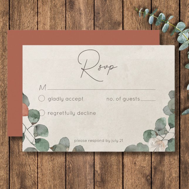 Cartons Réponse Mariage de courroie vert de rouille minimale (Minimal Rust Green Eucalyptus Wreath Wedding RSVP Card)