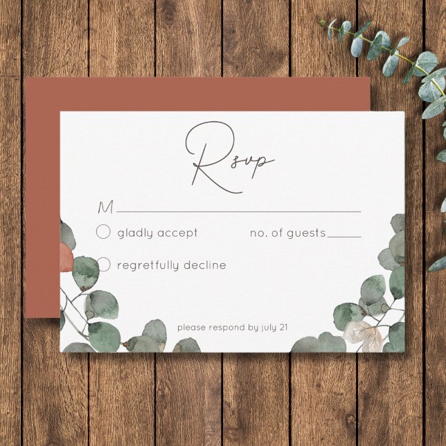Cartons Réponse Mariage de courroie vert de rouille minimale (Minimal Rust Green Eucalyptus Wreath Wedding RSVP Card)
