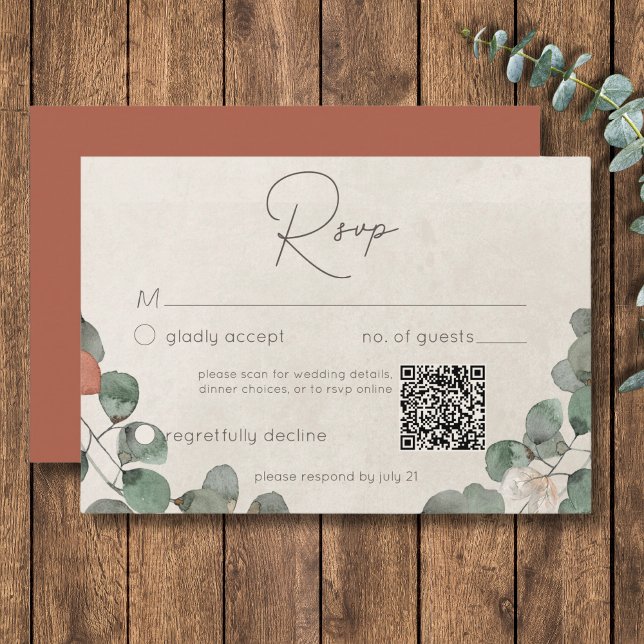 Cartons Réponse Mariage de courroie verte minimale de rouille Euca (Minimal Rust Green Eucalyptus Wreath Wedding QR RSVP Card)