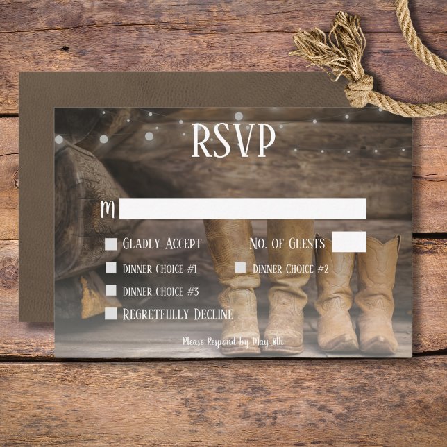 Cartons Réponse Mariage de cow-boy occidental rustique Barn & Boot (Rustic Boots for Two Cowboy Wedding Dinner RSVP Card)