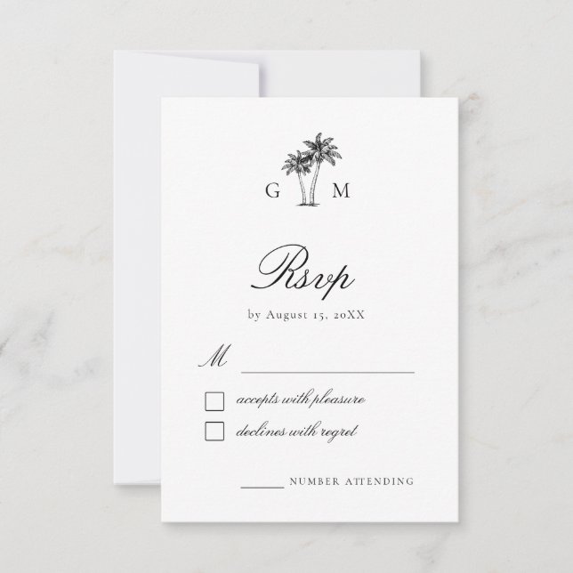 Cartons Réponse Mariage de Destination avec Monogramme de Palmier  (Devant)
