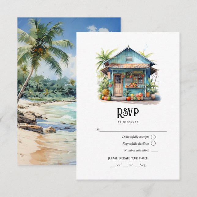 Cartons Réponse Mariage de destination caribéen à l'aquarelle (Devant / Derrière)