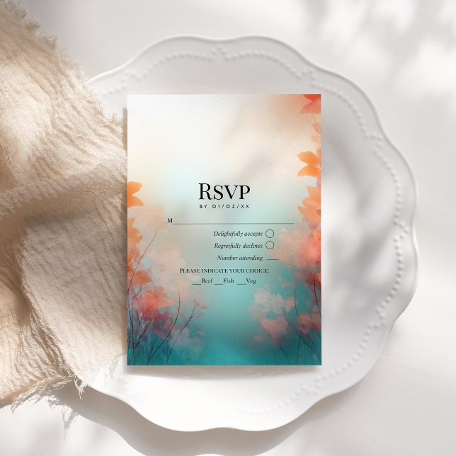 Cartons Réponse Mariage de destination sur la plage au coucher du  (Teal and Coral Sunset Destination Beach Wedding RSVP Card)