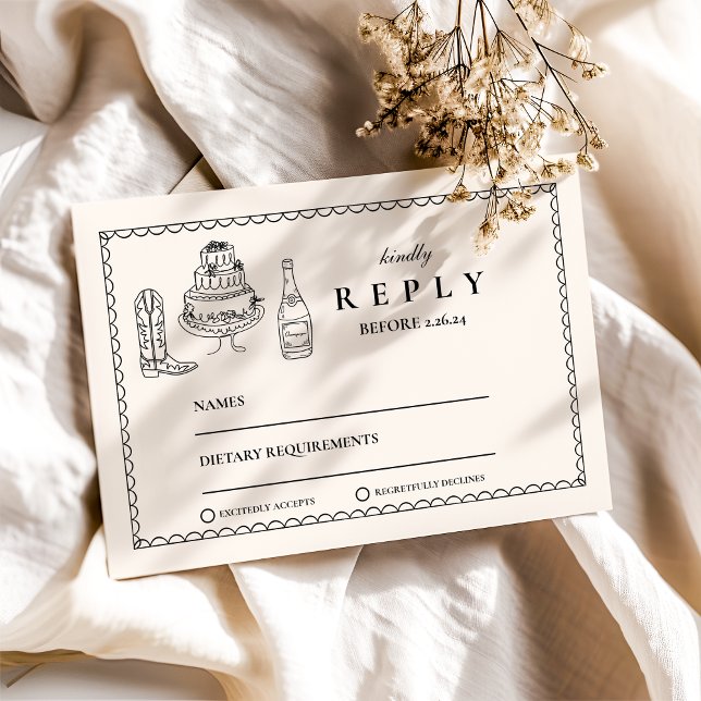 Cartons Réponse Mariage de doodle occidental à main blanche noire (Créateur téléchargé)