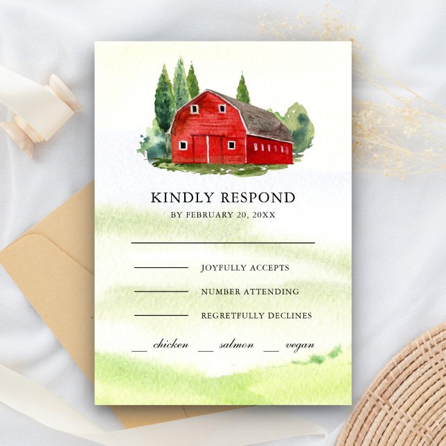 Cartons Réponse Mariage de ferme rustique à l'aquarelle rouge gran (Créateur téléchargé)