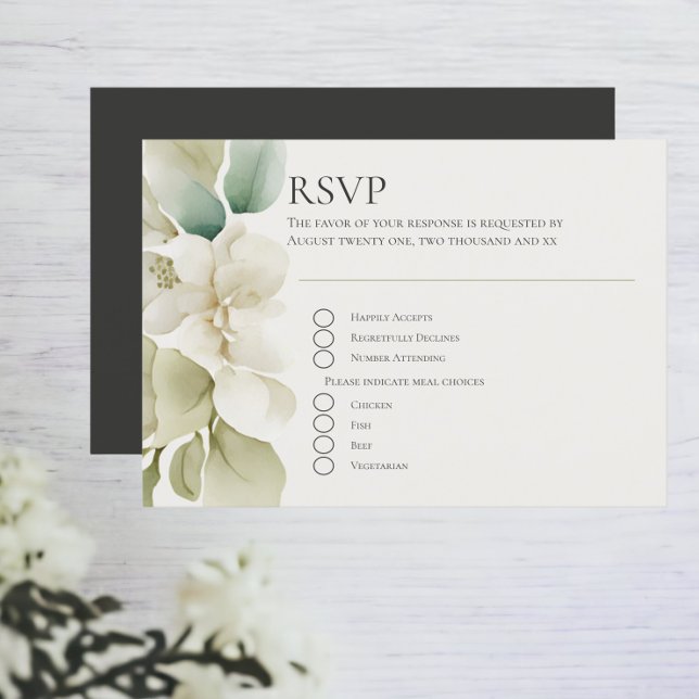 Cartons Réponse Mariage de feuillage vert coupé (Muted Green Foliage Wedding RSVP Card with personalized responses. easy to edit. RSVPs from Ricaso)