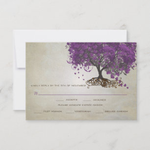 Cartons Réponse Mariage de feuilles de coeur violet invite