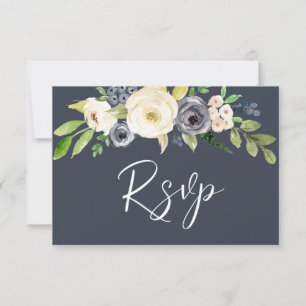 Cartons Réponse Mariage de fleurs d'aquarelle marine et blanche