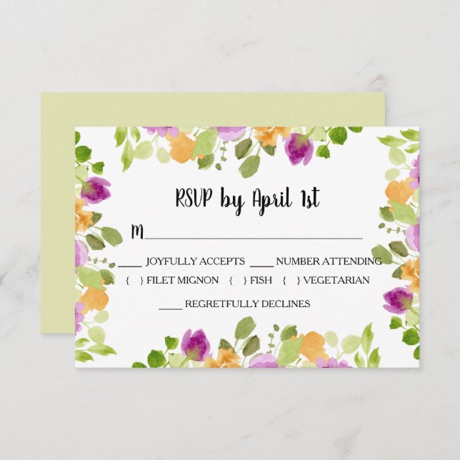 Cartons Réponse Mariage de fleurs d'aquarelle violet (Devant / Derrière)
