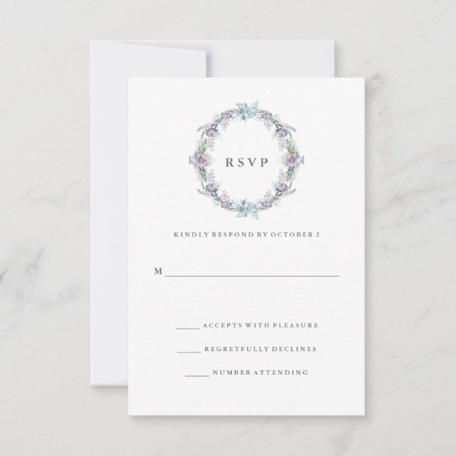 Cartons Réponse Mariage de germes florales bleues et violettes RSV (Devant)