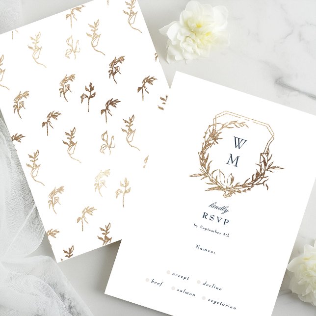 Cartons Réponse Mariage de la Marine Bleu classique blanc Or crête (Créateur téléchargé)